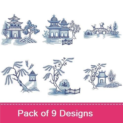 Oriental Scenery Embroidery Designs Bundle – Pagoda with Trees, Boat on Water, Bamboo and Birds & More (9 Designs)