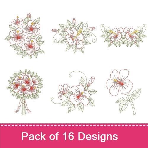 Hibiscus Flowers Embroidery Designs Bundle – Hibiscus Bouquet, Single Hibiscus Flower, Hibiscus with Leaves & More (16 Designs)