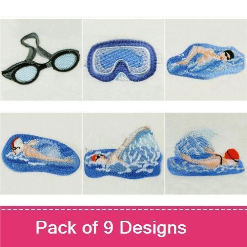 Swimming Embroidery Designs Bundle – Swimmer with Goggles, Swimming Pool Scene & More (9 Designs)