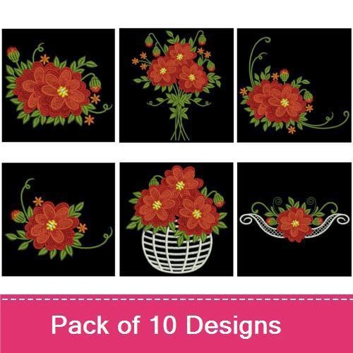 Elegant Red Floral Embroidery Bundle – Large Red Floral Bouquet, Red Floral with Green Leaves & More (10 Designs)