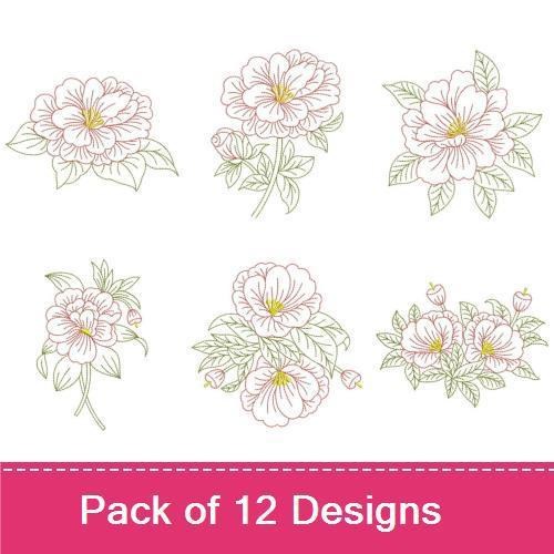 Redwork Floral Outline Embroidery Designs Bundle – Delicate Designs Featuring Flowers & Leaves (12 Designs)