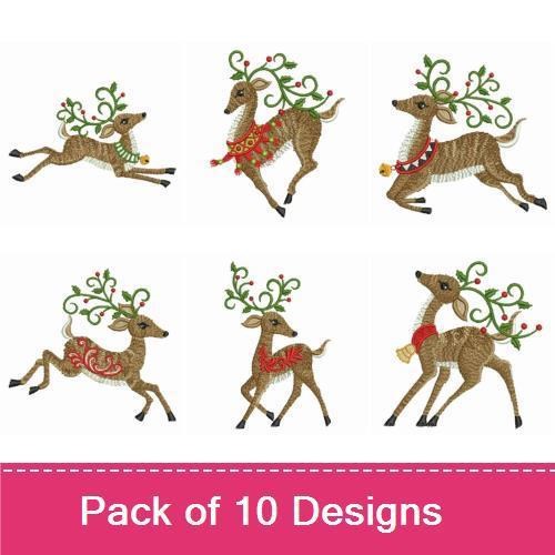 Festive Reindeer Embroidery Designs Bundle – Leaping Reindeer, Reindeer with Holiday Garland & More (10 Designs)
