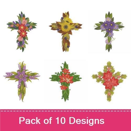 Floral Cross Embroidery Designs Bundle – Sunflowers, Red Flowers, Purple Flowers & More (10 Designs)