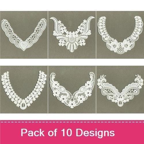 FSL Elegant Lace Collar Embroidery Bundle – Lace Collar with Flowers, Vintage Lace Collar & More (10 Designs)