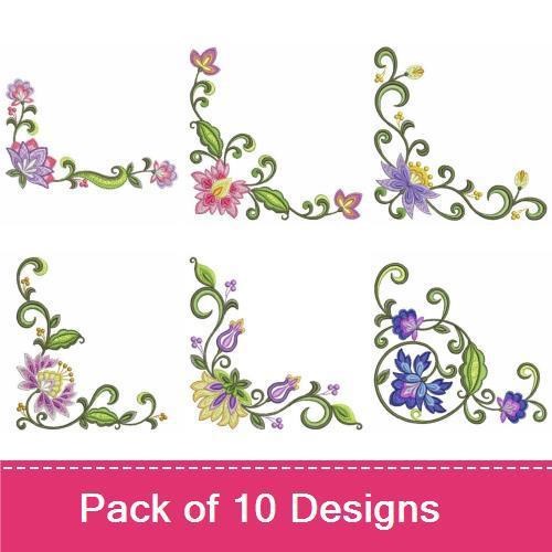 Floral Corner Embroidery Bundle – Purple Flower, Pink Flower, Blue Flower & More (10 Designs)