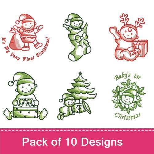 Redwork Baby's First Christmas Embroidery Designs Bundle – Santa, Elf, Reindeer, Snowman & More (10 Designs)