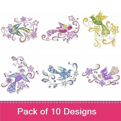 Elegant Birds Embroidery Designs Bundle – Bird with Flowers, Colorful Bird, Floral Bird & More (10 Designs)