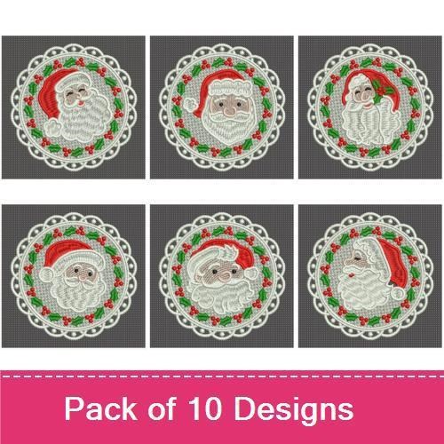 FSL Santa Claus Faces Embroidery Designs Bundle – Red Hat, Green Hat, Christmas Holly & More (10 Designs)