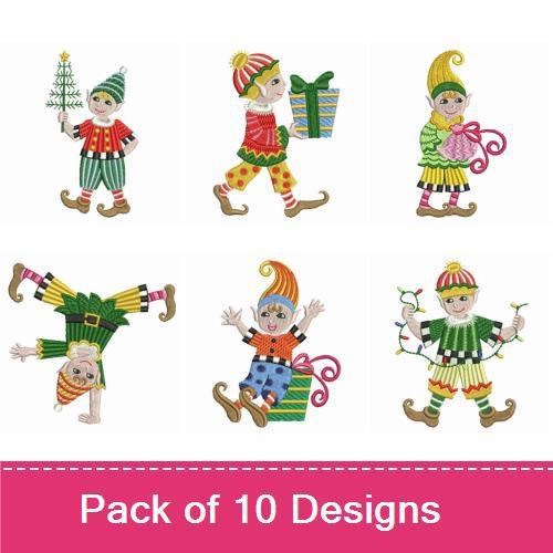 Festive Elf Embroidery Designs Bundle – Elf with Tree, Elf with Gift, Elf Posing with Joy & More (10 Designs)