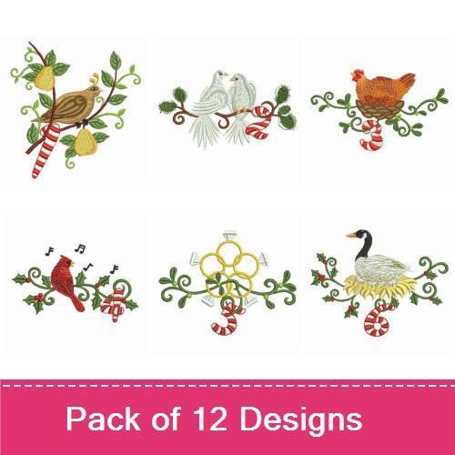 Christmas Themed Embroidery Designs Bundle – Swan with Candy Cane, Santa with Candy Cane, Doves with Holly & More (12 Designs)