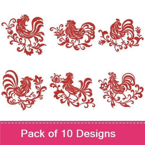 Redwork Rooster Embroidery Designs Bundle – Elegant Rooster with Swirls, Rooster with Flowers, & More (10 Designs)