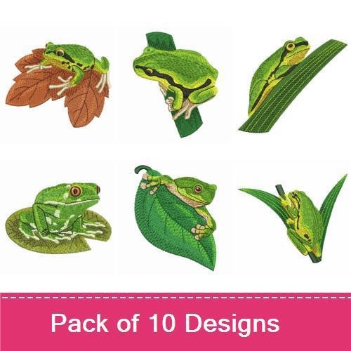 Frog Nature Embroidery Designs Bundle – Green Frog on Leaf, Frog on Water Lily, Jumping Frog & More (10 Designs)