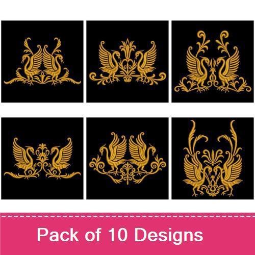 Elegant Golden Crane Embroidery Designs Bundle – Floral Swirls, Ornamental Base, Decorative Elements & More (10 Designs)