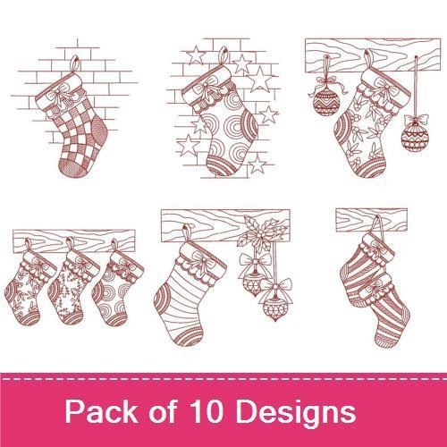Redwork Christmas Stockings Embroidery Designs Bundle – Checkered, Polka Dot, Holly & More (10 Designs)
