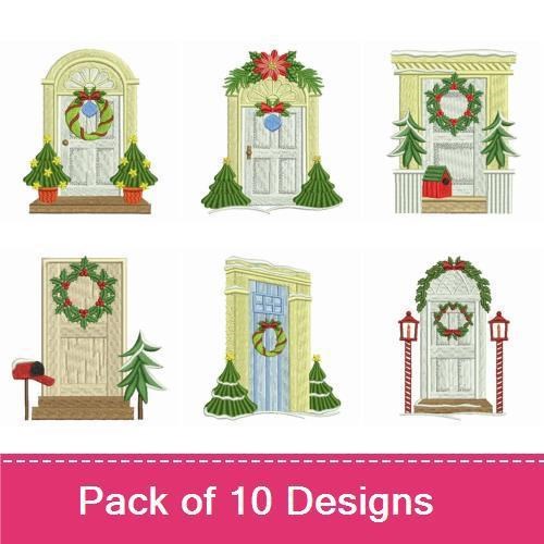 Festive Holiday Door Decor Embroidery Designs Bundle – Wreath on Door, Snowman by the Door, & More (10 Designs)