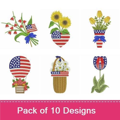Patriotic Floral Arrangements Embroidery Designs Bundle – Floral Arrangement with USA Flag, Red, White, and Blue Bouquet & More (10 Designs)
