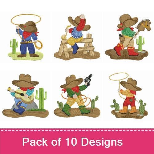 Cute Cowboy Characters Embroidery Bundle – Cowboy with Lasso, Cowgirl with Horse, Sitting Cowboy & More (10 Designs)