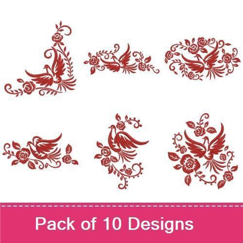Redwork Floral Embroidery Bundle – Elegant Red Bird with Roses, Red Bird Sitting, Red Bird in Floral Frame & More (10 Designs)