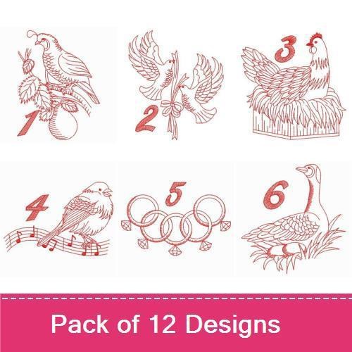 Redwork The Twelve Days of Christmas Embroidery Designs Bundle – Partridge in a Pear Tree, Two Turtle Doves, Three French Hens & More (12 Designs)