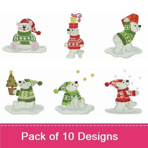 Festive Polar Bears Embroidery Designs Bundle – Polar Bear with Christmas Tree, Gift, & More (10 Designs)