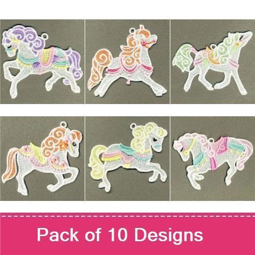 FSL Whimsical Carousel Horses Embroidery Designs Bundle – Carousel Horse with Pink Mane, Rainbow Mane, & More (10 Designs)