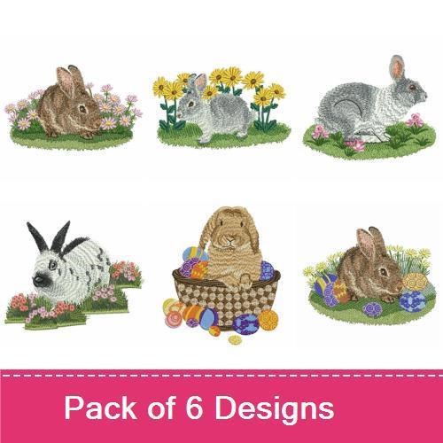 Spring Bunnies Embroidery Bundle – Brown Bunny with Flowers, Gray Bunny with Flowers, White Bunny with Basket & More (6 Designs)