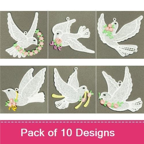 FSL Elegant White Doves Embroidery Designs Bundle – White Dove with Roses, Dove in Flight, Decorative Dove & More (10 Designs)