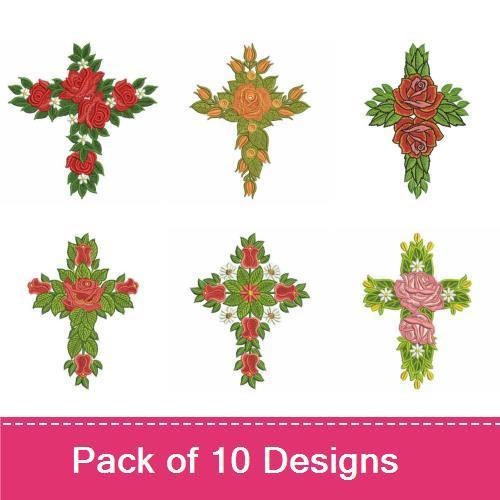 Floral Cross Embroidery Designs Bundle – Cross with Roses, Vines, Lilies & More (10 Designs)