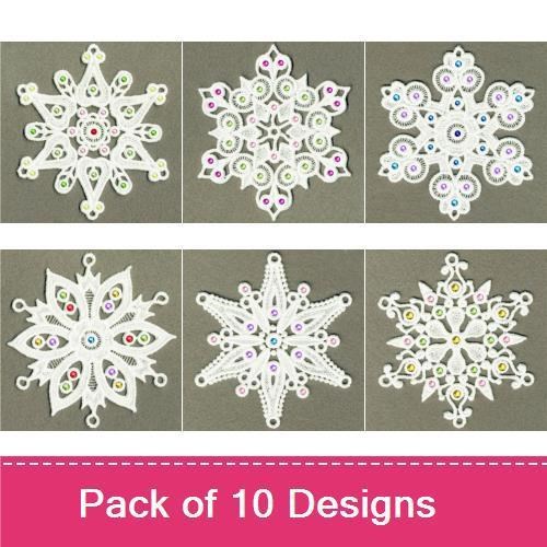 FSL Elegant Snowflakes Embroidery Designs Bundle – Ornamental Snowflake with Beads, Intricate Snowflake with Swirls & More (10 Designs)