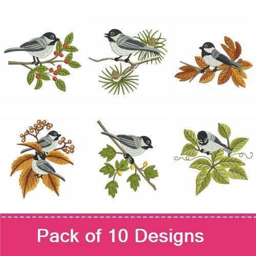 Chickadee Birds Embroidery Designs Bundle – Chickadee on Branch with Berries, Chickadee on Autumn Leaves, & More (10 Designs)