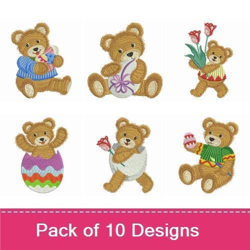 Easter Teddy Bears Embroidery Designs Bundle – Teddy Bear in Egg, Bear with Flowers, Bear with Basket & More (10 Designs)