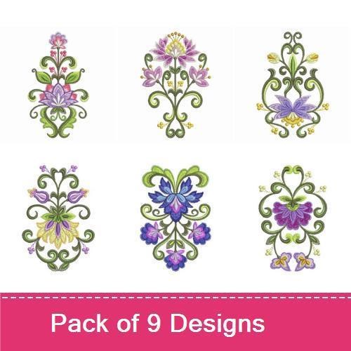Elegant Floral Embroidery Designs Bundle – Lotus Flower, Violet Bouquet, Purple Orchid & More (9 Designs)