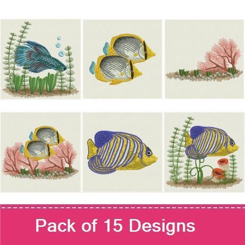 Tropical Fish and Coral Reef Embroidery Bundle – Blue Tang Fish, Angelfish, Clownfish & More (15 Designs)