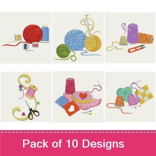Cozy Knitting & Sewing Essentials Embroidery Designs Bundle – Yarn Basket, Knitting Needles, Sewing Basket & More (10 Designs)
