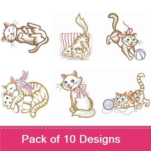 Playful Cats Embroidery Designs Bundle – Cat with Bear, Cat with String Toy, Cat with Yarn Ball & More (10 Designs)