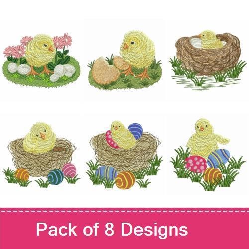 Spring Chicks & Easter Eggs Embroidery Designs Bundle – Chick in Nest with Eggs, Chick Hatching from Egg, & More (8 Designs)