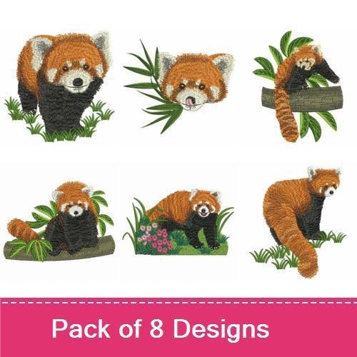 Red Panda Embroidery Designs Bundle – Red Panda Sitting on Log, Red Panda Holding Bamboo, & More (8 Designs)