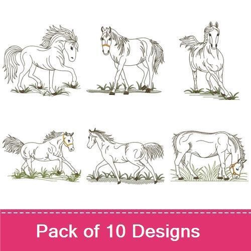 Redwork Elegant Horse Embroidery Bundle – Galloping Horse, Horse in Grass, Standing Horse & More (10 Designs)