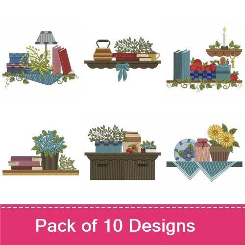 Cozy Home Decor Embroidery Designs Bundle – Books with Lamp, Flower Arrangement on Shelf, & More (10 Designs)