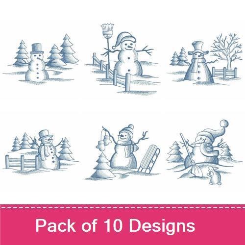 Redwork Whimsical Snowmen Embroidery Designs Bundle – Snowman with Hat, Snowman with Tree, Snowman with Scarf & More (10 Designs)