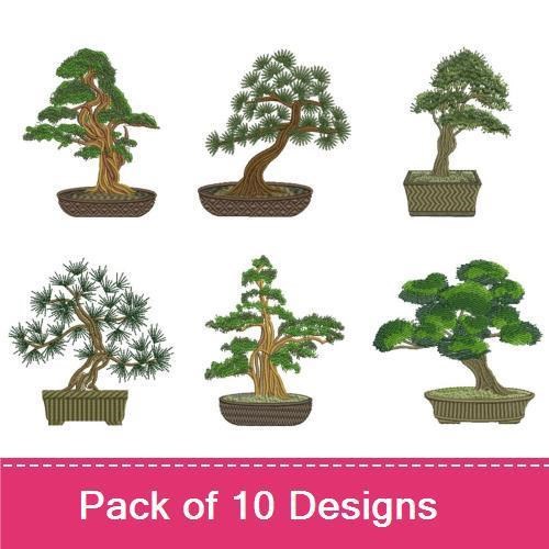 Bonsai Trees Embroidery Designs Bundle – Elegant Bonsai Tree, Flowering Bonsai Tree, Willow Bonsai Tree & More (10 Designs)