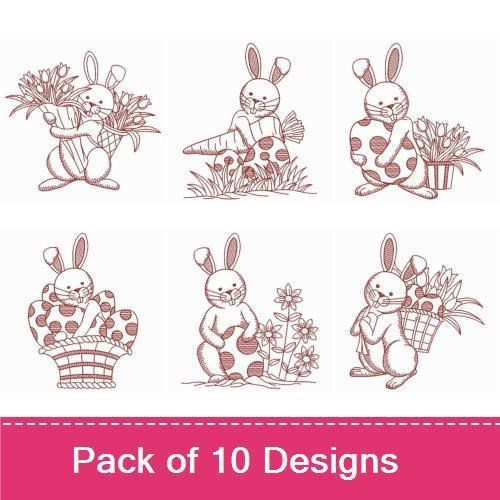 Redwork Whimsical Easter Bunny Embroidery Designs Bundle – Bunny with Tulips, Bunny with Basket, Bunny with Egg & More (10 Designs)