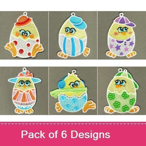 FSL Colorful Decorative Eggs Embroidery Bundle – Chick Egg with Polka Dots, Stripes, Hat & More (6 Designs)