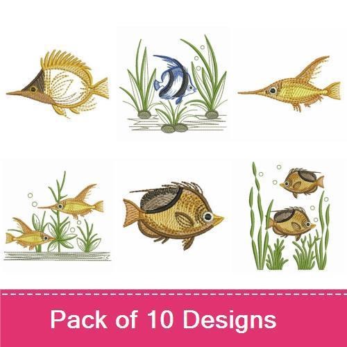 Tropical Fish & Aquatic Plants Embroidery Designs Bundle – Striped Tropical Fish, Colorful Tropical Fish, Golden Tropical Fish & More (10 Designs)