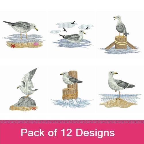 Seagulls Embroidery Designs Bundle – Seagull on Dock, Seagull with Waves, Seagull in Flight & More (12 Designs)