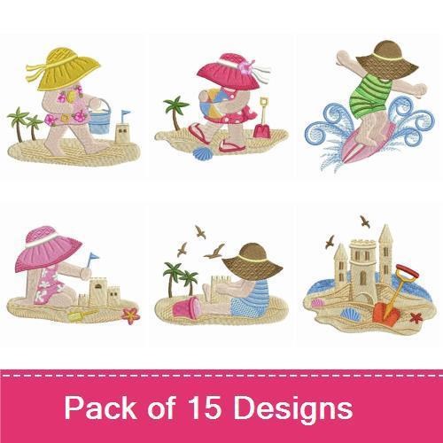 Beach Kids Summer Fun Embroidery Designs Bundle – Boy on Surfboard, Girl with Beach Ball, Child with Sandcastle & More (15 Designs)