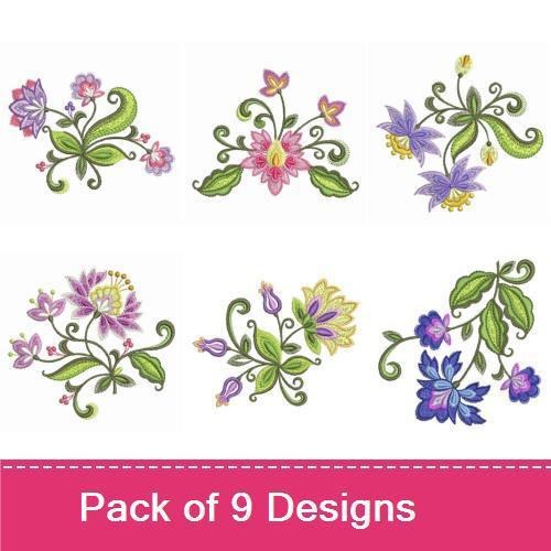 Floral Embroidery Designs Bundle – Vibrant Floral Arrangement, Delicate Flower Sprigs, Elegant Bloom & More (9 Designs)