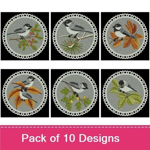 FSL Chickadee Embroidery Bundle – Chickadee on Berry Branch, Chickadee with Leaves, Chickadee in Nest & More (10 Designs)