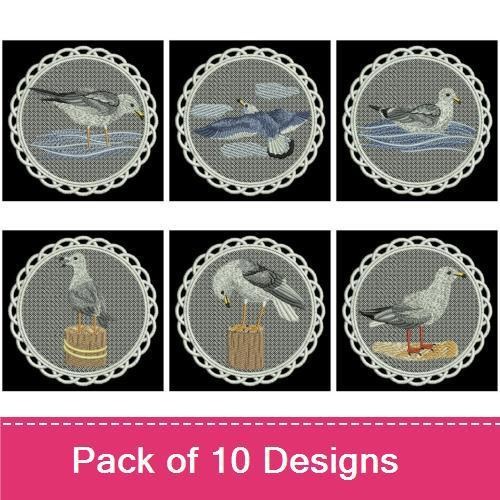 FSL Seagull Coastal Embroidery Designs Bundle – Seagull on Water, Seagull at Sunset, & More (10 Designs)