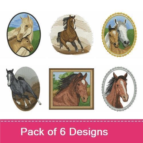 Horse Portraits Embroidery Bundle – Horse Portrait with Foal, Gray Horse Portrait, Chestnut Horse Head & More (6 Designs)